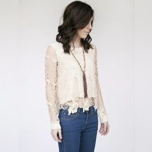 Free People Champagne Crochet Lace Pretty Rad Split Back Sweater $128